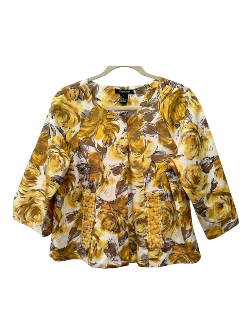 Karen Kane Yellow Floral Beaded Pocket Peplum Jacket Blazer Pockets Sz L